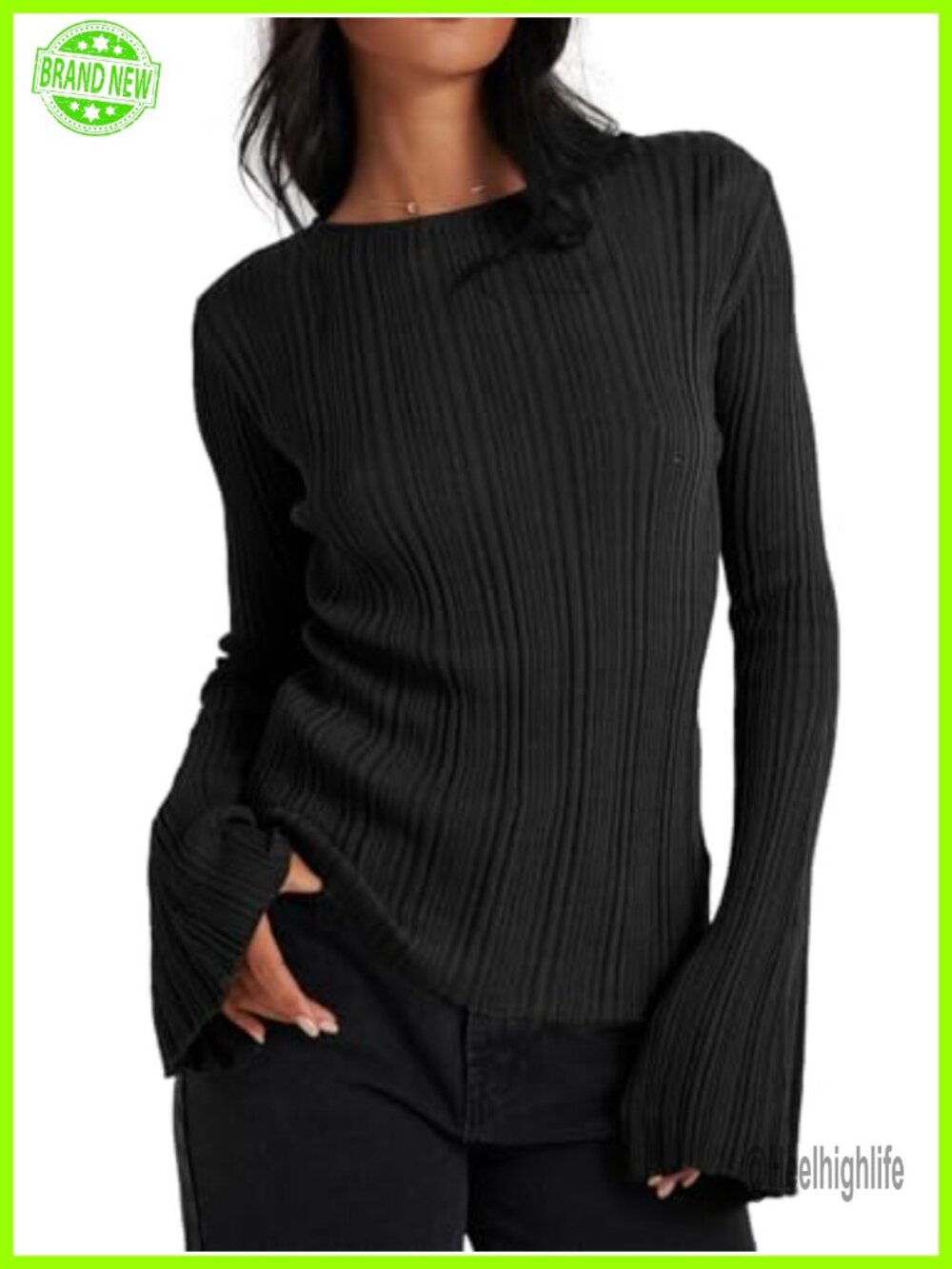 Womens Bell Sleeve Lightweight Knit Sweater Pullover Crew Neck
